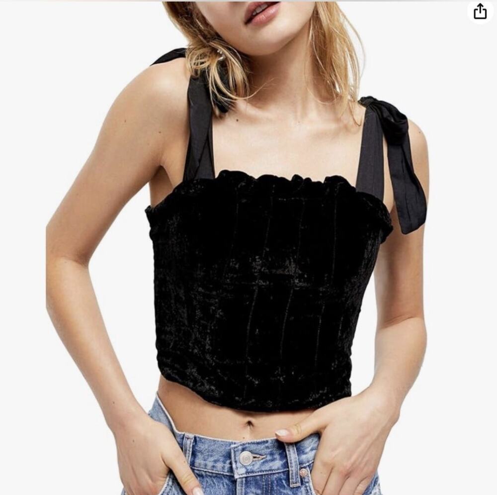 Free People Trapped In Your Love Tank Large Black Velvet Corset Bow Adjustable